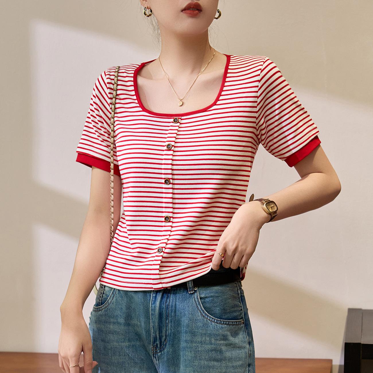 

Модная полосатая футболка для женщин с коротким рукавом и воротом, летняя, новая, контрастная, универсальная, с пуговицами XL