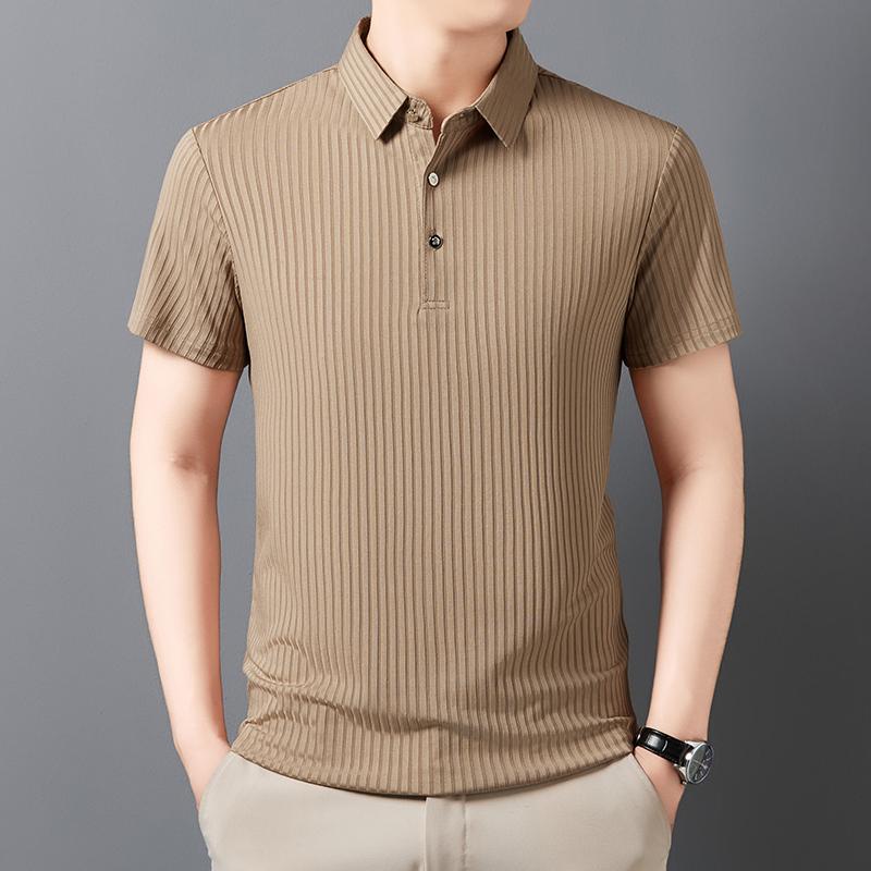 Men's Casual Fashion Striped Short Sleeved Collar Polo Shirt Breathable and Comfortable Summer Versatile T-shirt