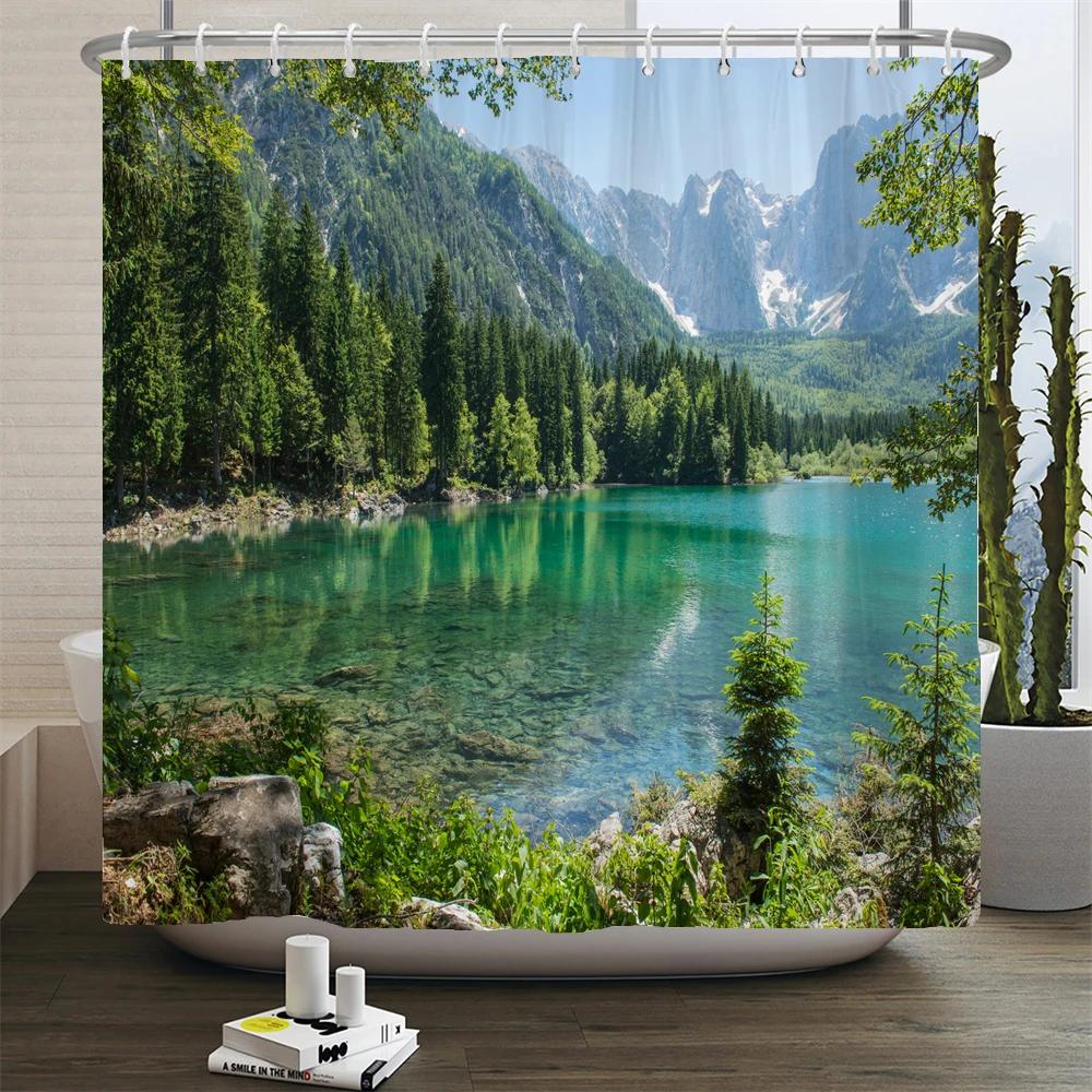 

Лесной природный пейзаж Шторки для душа 3D печать Занавески для ванны Полиэстер Стирающаяся ткань С крючками Домашний декоративный экран 150x180cm-60x70in