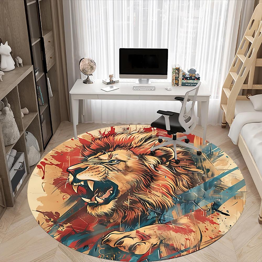 1PC Lion Roar Office Round Area Rug,  Mat Suitable ForOffice, Under Office Chairs Bedroom Living Room Home Decor, Room Deco