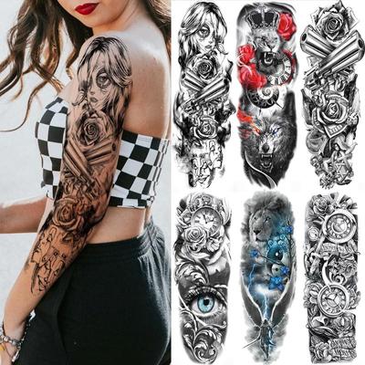 1 PC 480*170 MM bras complet jambe autocollant de tatouage temporaire pour femmes hommes étanche crâne boussole tatouage Sexy Art corporel fausse fleur tatouage papier autocollant