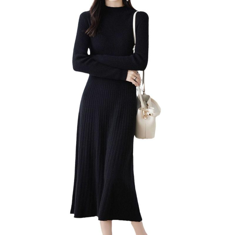 Semi-turtleneck Solid-color Sweater Skirt Femininity Elegant Style Slim-fitting Autumn and Winter Knee-length Bottoming Knitted Dress