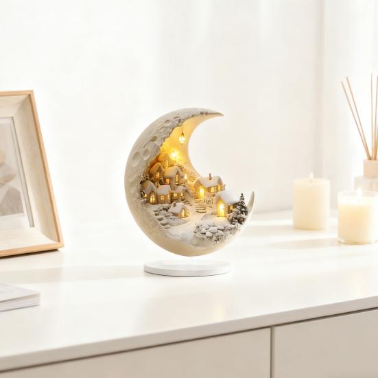 Yousheng Snow House Moon Acrylic Ornament 2D Flat Half Moon Table Sign with Base Home Office Desktop Decoration Ornament