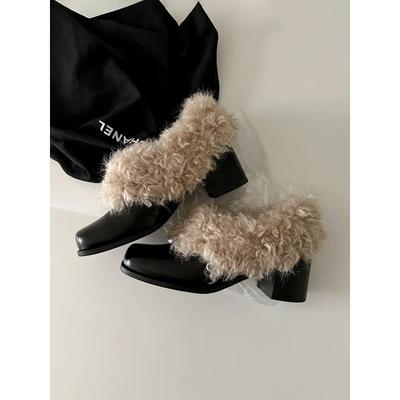 Cowhide Square Head Fluffy Shoes Women's One-pedal Retro Plush Warm Small Leather Shoes Cotton Shoes Thick Heel Single Shoes