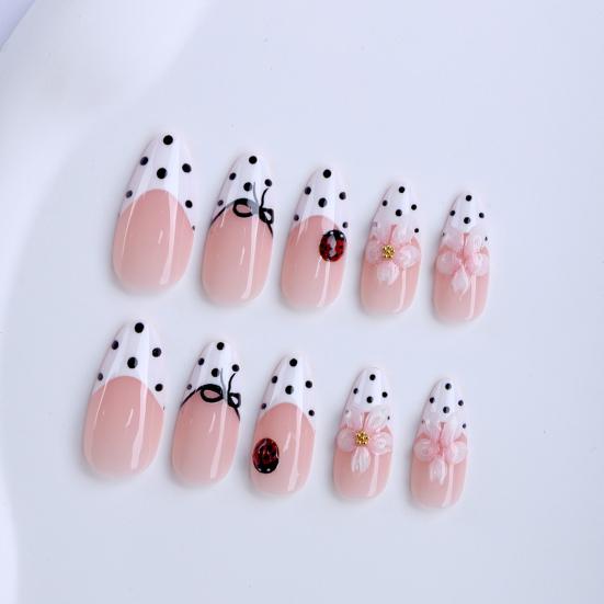 1 Set Flower Ladybugs Dotted Press on Nails Spring 3D Floral Stick-on Fake Nails Removable Full Cover Almond Glue on False Nails for Women