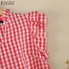 ZANZEA Women Casual V-Neck Plaid Print Cap Sleeve Blouse