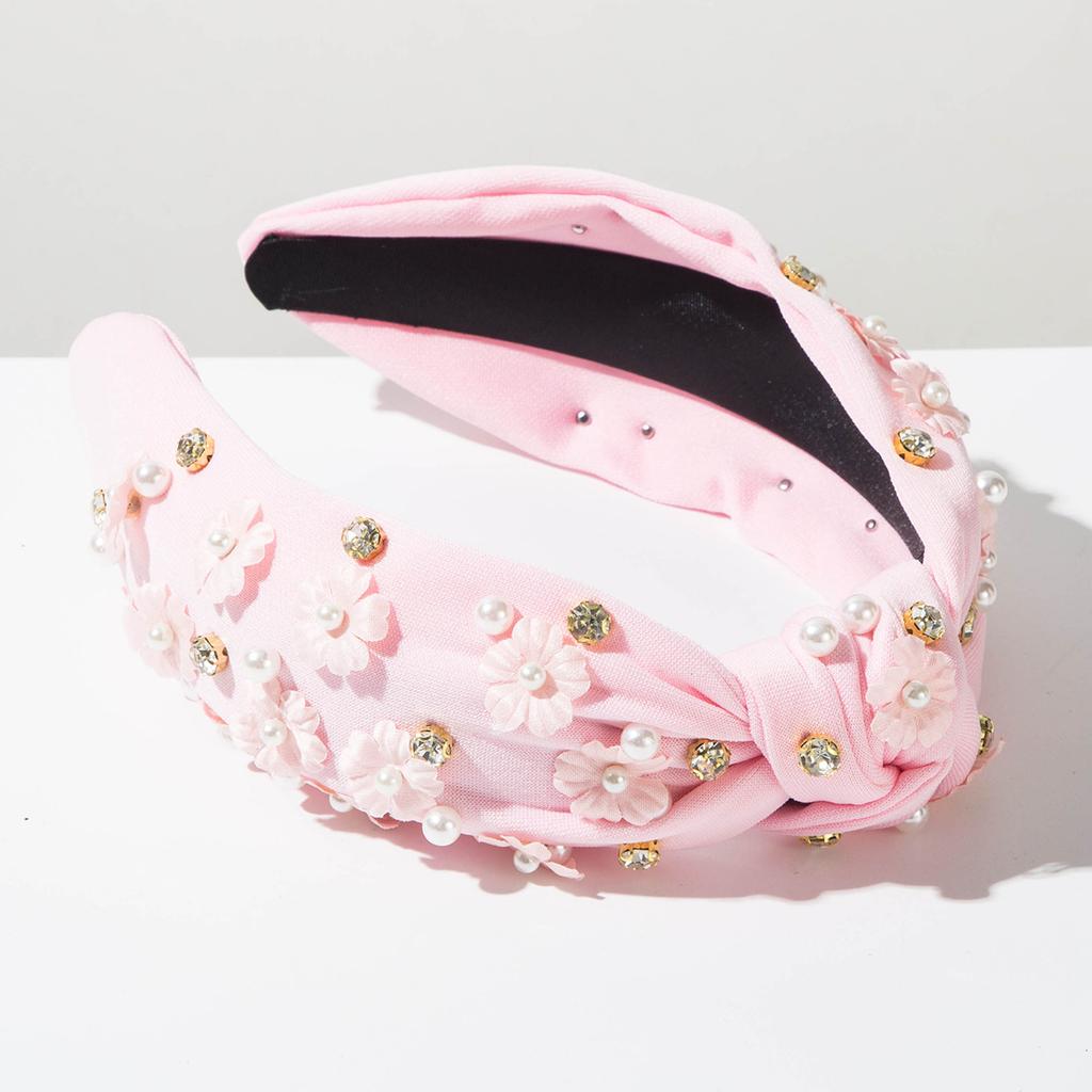 Stylish Solid Color Rhinestone Pearl Flower Wide-brimmed Knotted Headband for Women, Fresh, Sweet and Versatile Outerwear Accessory.