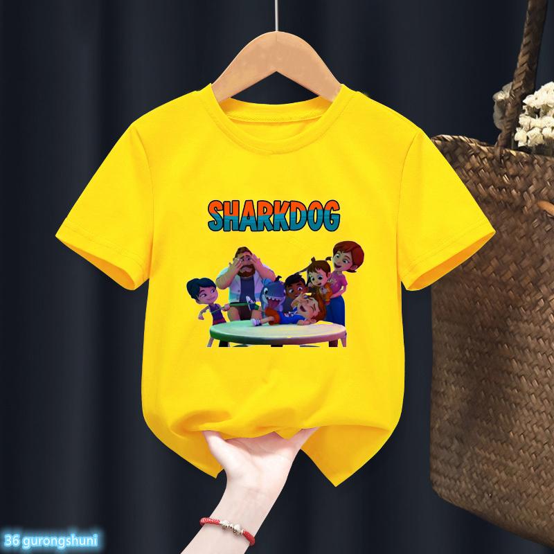 Cute Boys Girls Kawaii Sharking with Sharkdog Cartoon Print Children'S Tshirt Summer Baby Clothes White Short Sleeve Tops