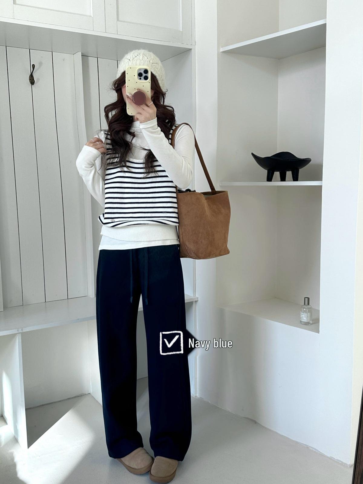 

Women s High-Waisted Wool Wide-Leg Pants - Warm, Slimming, Casual for Autumn/Winter. L (for 105-120 jin) темно-синий