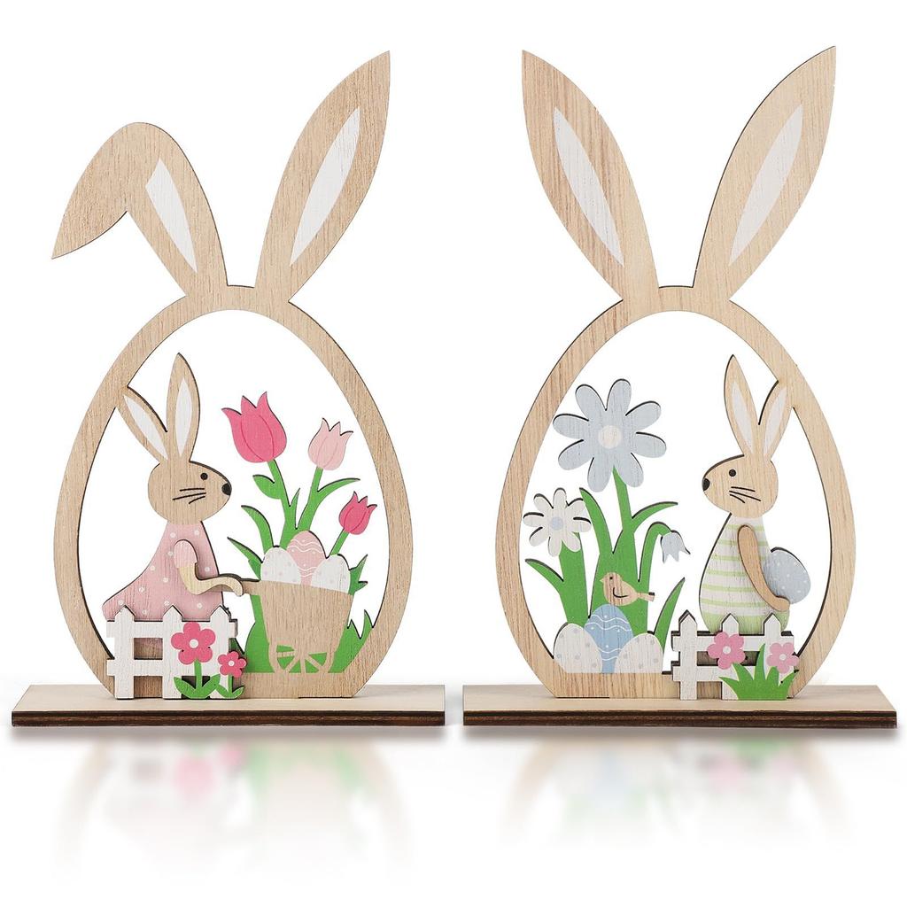 2Pcs Easter Bunny Wooden Ornament Cartoon Couple Rabbit Ornament Creative Desktop Decoration Crafts Home Decoration Party Gift