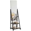 Free Standing Dressing Mirror, Rolling Full Length Mirror on Wheels with Adjustable Angle, Storage Shelves for Bedroom