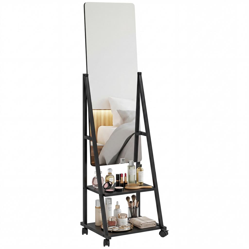 Free Standing Dressing Mirror, Rolling Full Length Mirror on Wheels with Adjustable Angle, Storage Shelves for Bedroom