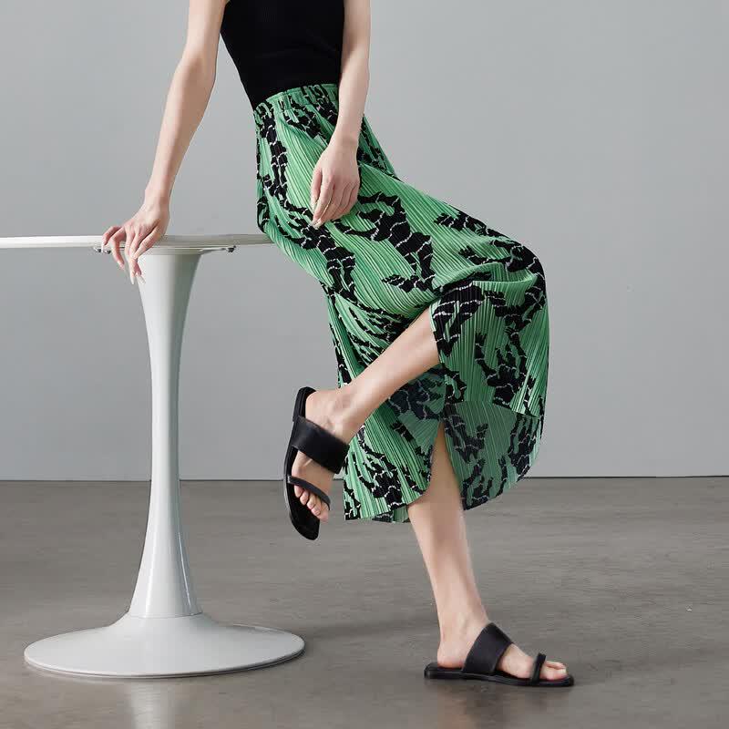SOFSIL 2026 Summer Printed Green Pleated A-Line Skirt