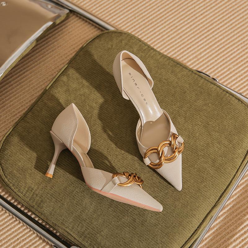 

82322 [sheepskin] high heels women s thin heels spring 2025 new pointed metal chain shallow mouth single shoes 39
