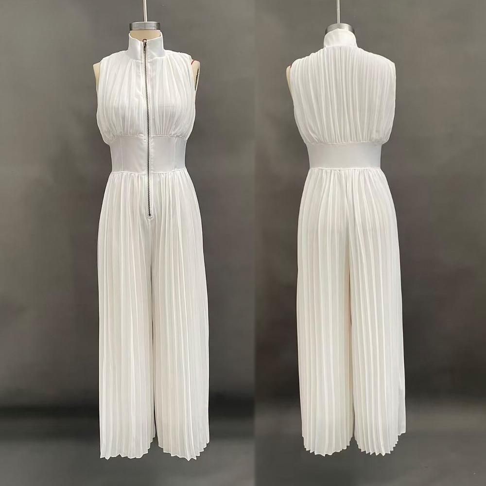 Women's Sleeveless High Waist Wide Leg Jumpsuit Pleated Detail Solid Jumpsuit