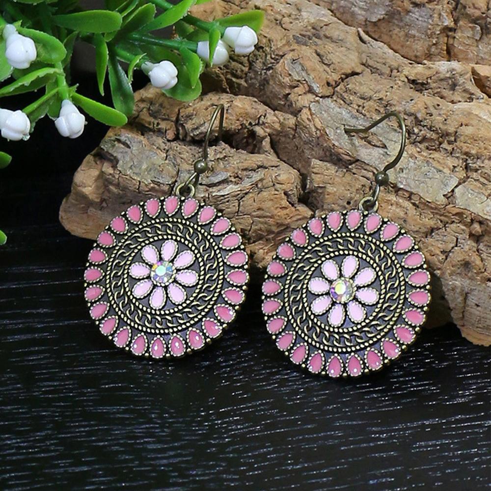 Vintage Bohemian Round Drop Earrings for Women Ethnic Simple Drop Oil Flower Shaped Temperament Earrings Female Jewelry
