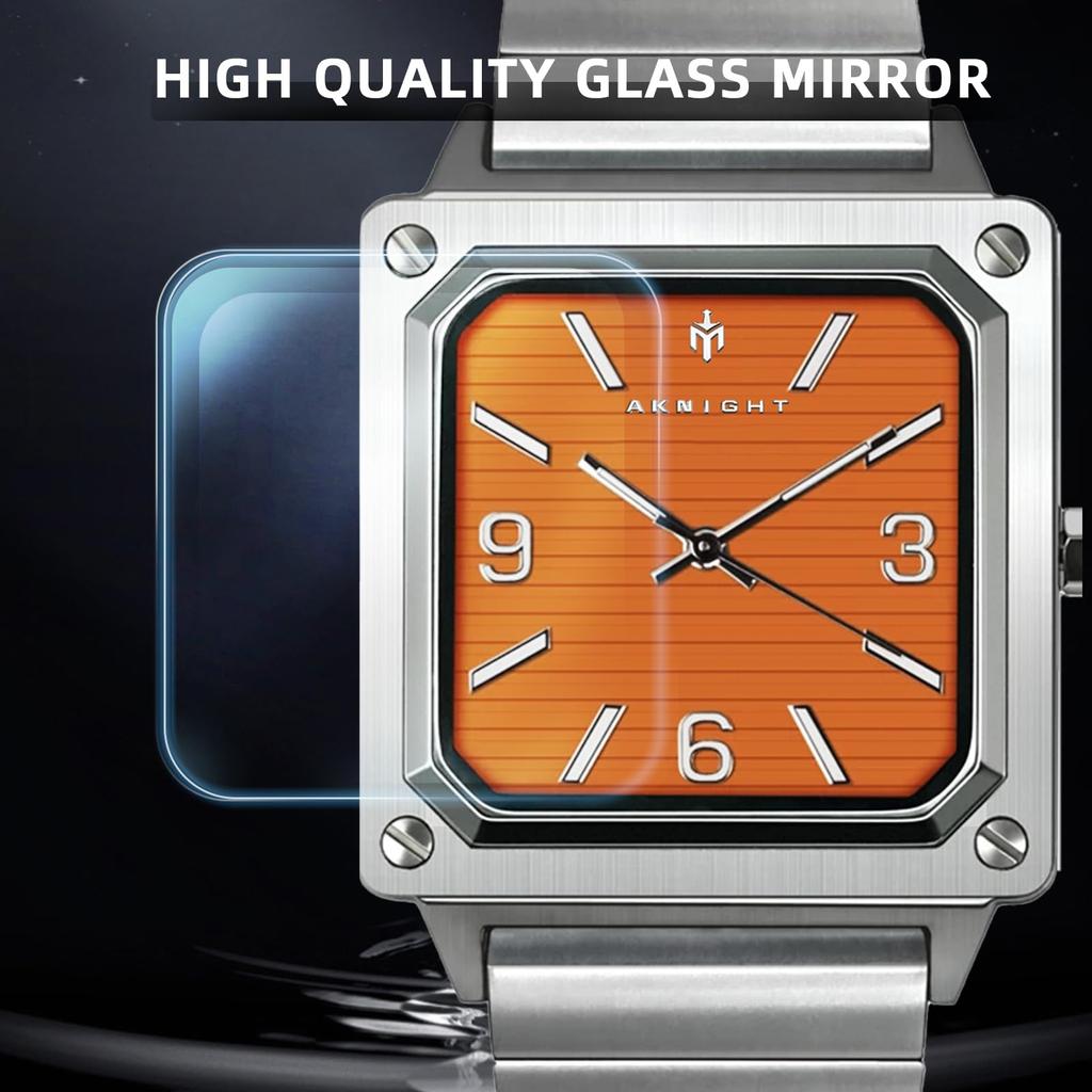 AKNIGHT Watch Popular Louvered Dial Texture Waterproof Analog Quartz Business Hand Watch Stainless Steel Day Gift Large Easy To See Square Face Men's