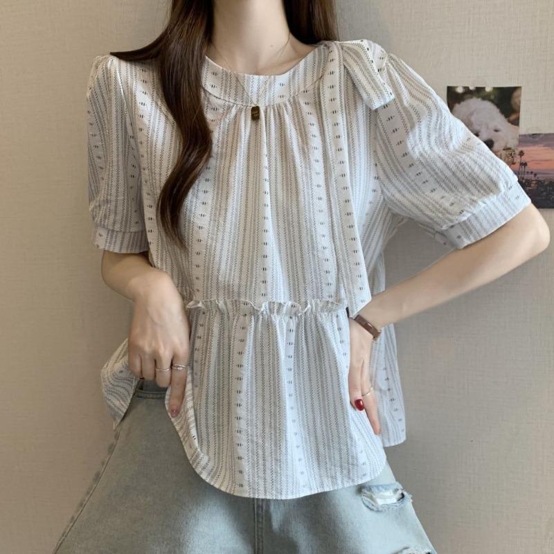 

Women s Striped Shirt Round Neck Bow Design Waist Cinching Ladies Blouse Summer Casual Fashionable Famale Pullover Top XXL