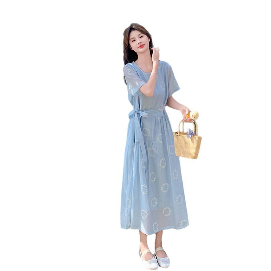 Blue Embroidered Tencel Dress for Women's  New Sweet Little Man Gentle Wind First Love Long Skirt