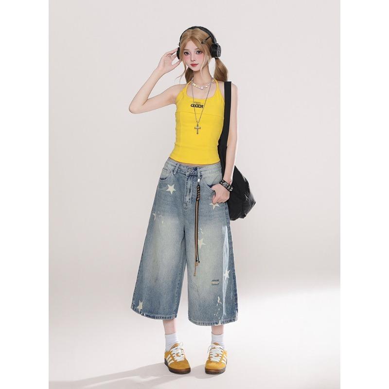Women American Retro Distressed Star Print Loose Denim Cropped Pants