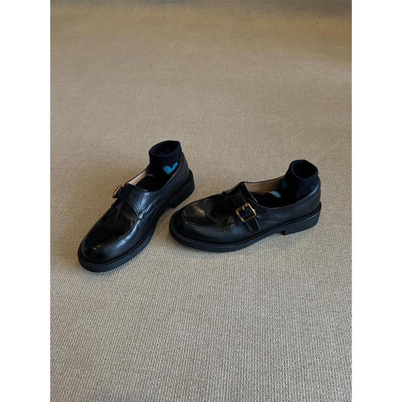 Washed Cowhide~ Retro Leather British Style Jk Small Leather Shoes Women's Belt Buckle One Pedal Loafers Round Head Single Shoes