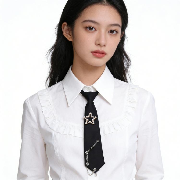 Student Pre Tied Neck Ties Preepy Look Pearls Star Metal Chain Dark Tie Cravat Neck Wear Accessories