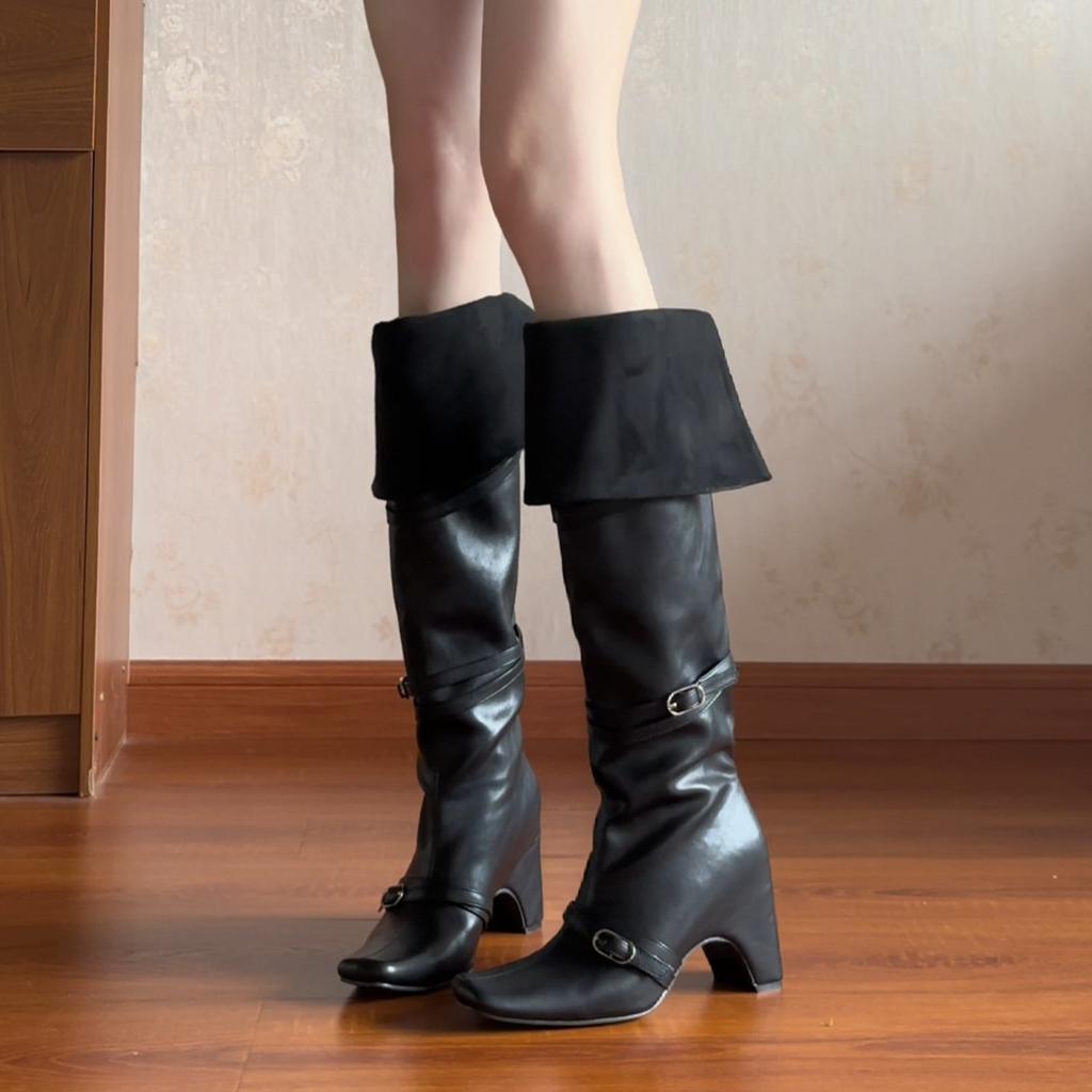 Retro Spice Girls Square Head Versatile Thick Heel Boots 2025 New Two Wear Fold Over Knee Belt Buckle Pile Boots