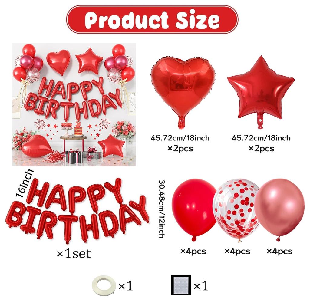 23pcs Red Happy Birthday Letter Balloons Set Love Pentagram Aluminum Film Balloon for Birthday Party Valentine's Day Decoration