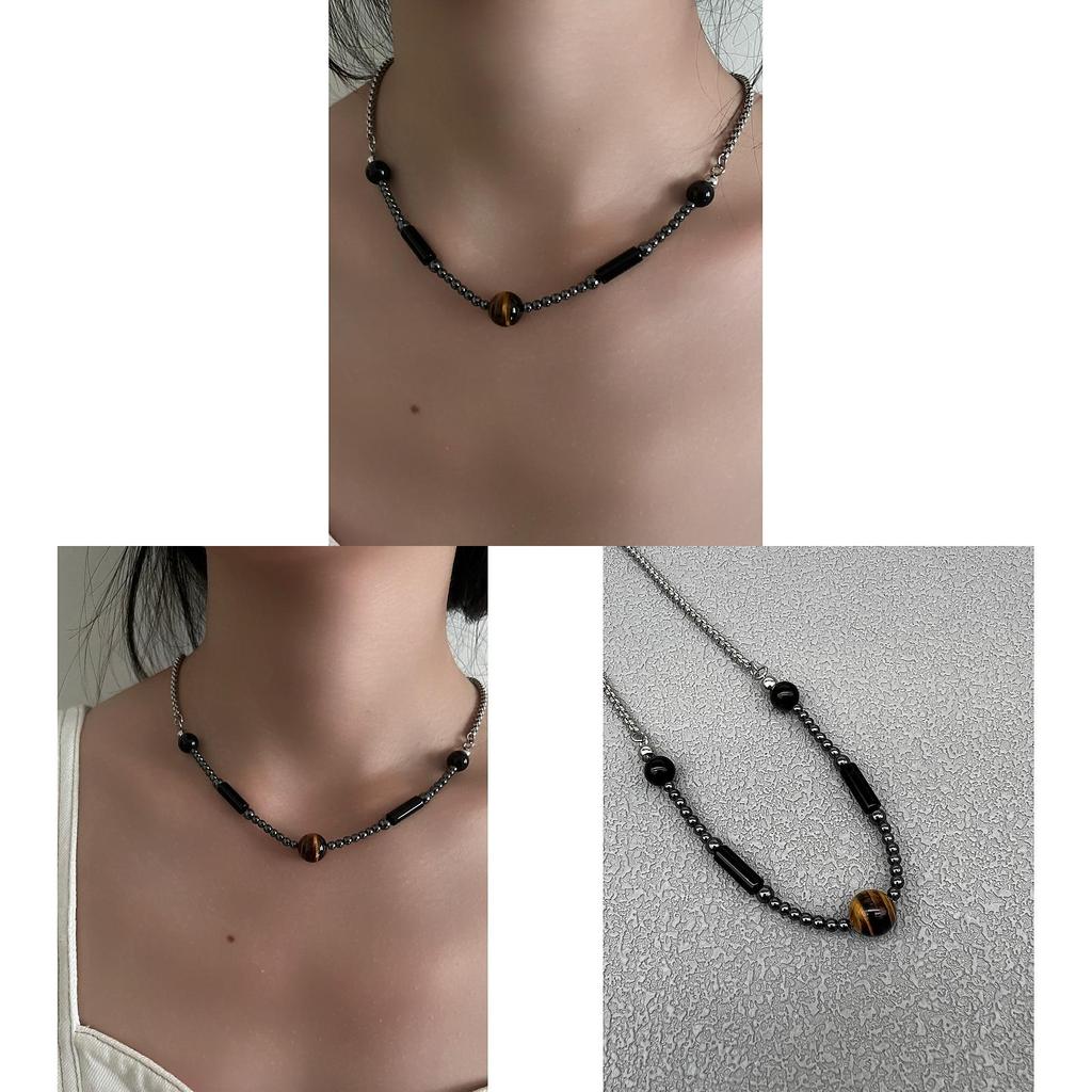 Geometric Tiger Eye Bead Pendant Necklace With Handcrafted Design For Unisex Fashion Accessory