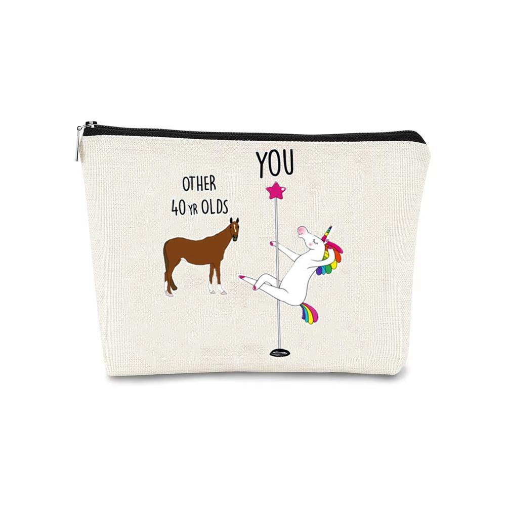 

40th Birthday Makeup Bag for Women Unicorn Pole Dancer 30th 40th 50th 60th Birthday Party Decor Travel Cosmetic Organizer Bag 15.5x22.5x4.5cm