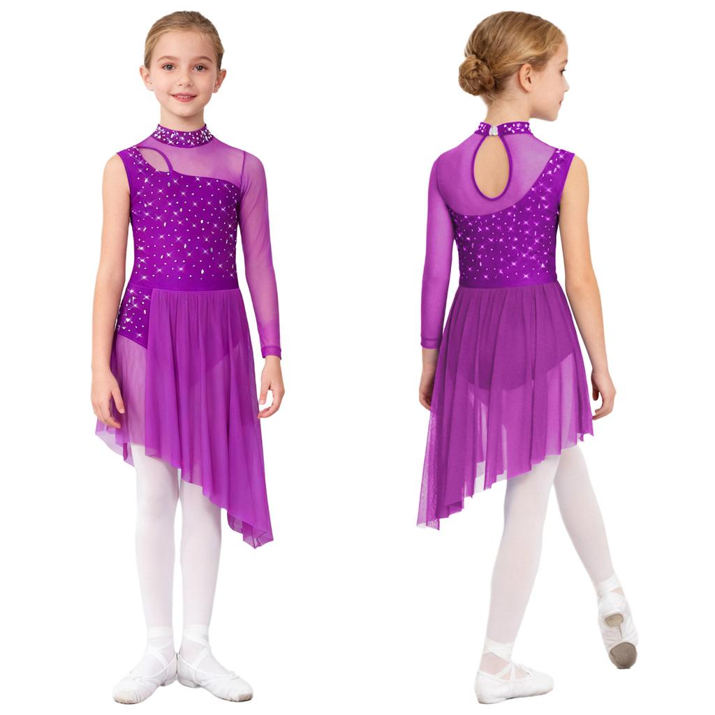 Complete Competition Lyrical Costume for Girls: Features Asymmetrical Design, Mock Neck, Mesh & Rhinestone Details