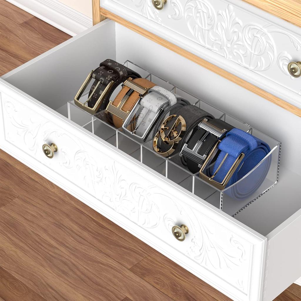 Belt Organizer, Acrylic Belt Storage Holder for The Closet and Drawer, 6 Compartments Belt Container Clear Display Case for Tie and Bow Tie