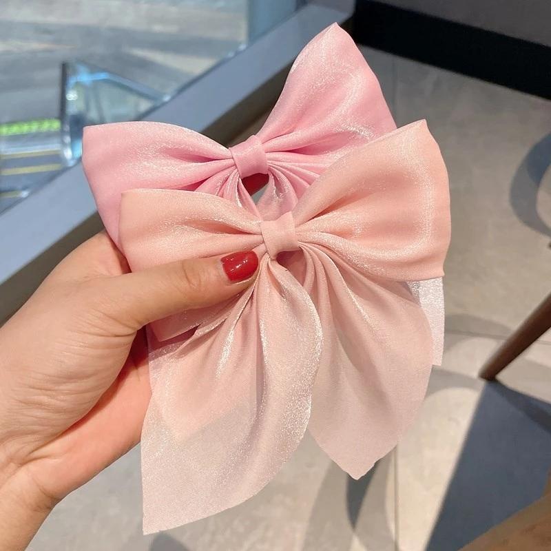 Women Mesh Sheer Hairpin Satin Bowknot Hair Clip Fashion Korean Solid Hairpin Ribbon Barrettes Duckbill Clip Hair Accessories