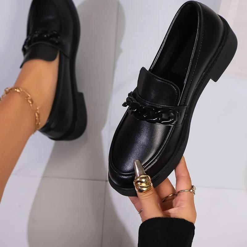 Fashion Pointed Toe Pu Leather Loafers Women Chain Decor Thick Sole Pumps Female Lady Office Soft Bottom Patent Leather Shoes Mujer