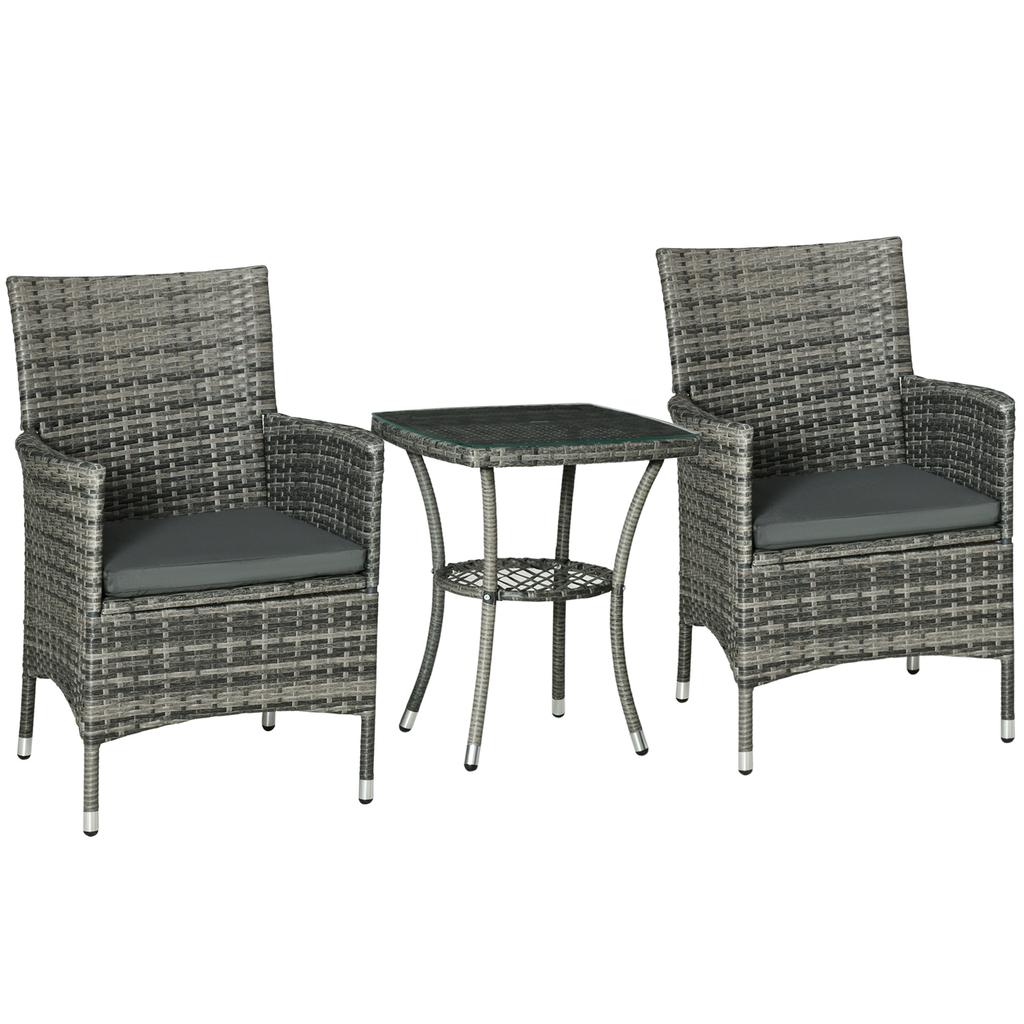 3 Pieces Rattan Bistro Set, Wicker Garden Furniture Set with 2-Tier Coffee Table and Chairs, Washable Cushions, for Outdoor Patio Balcony, Mixed Grey