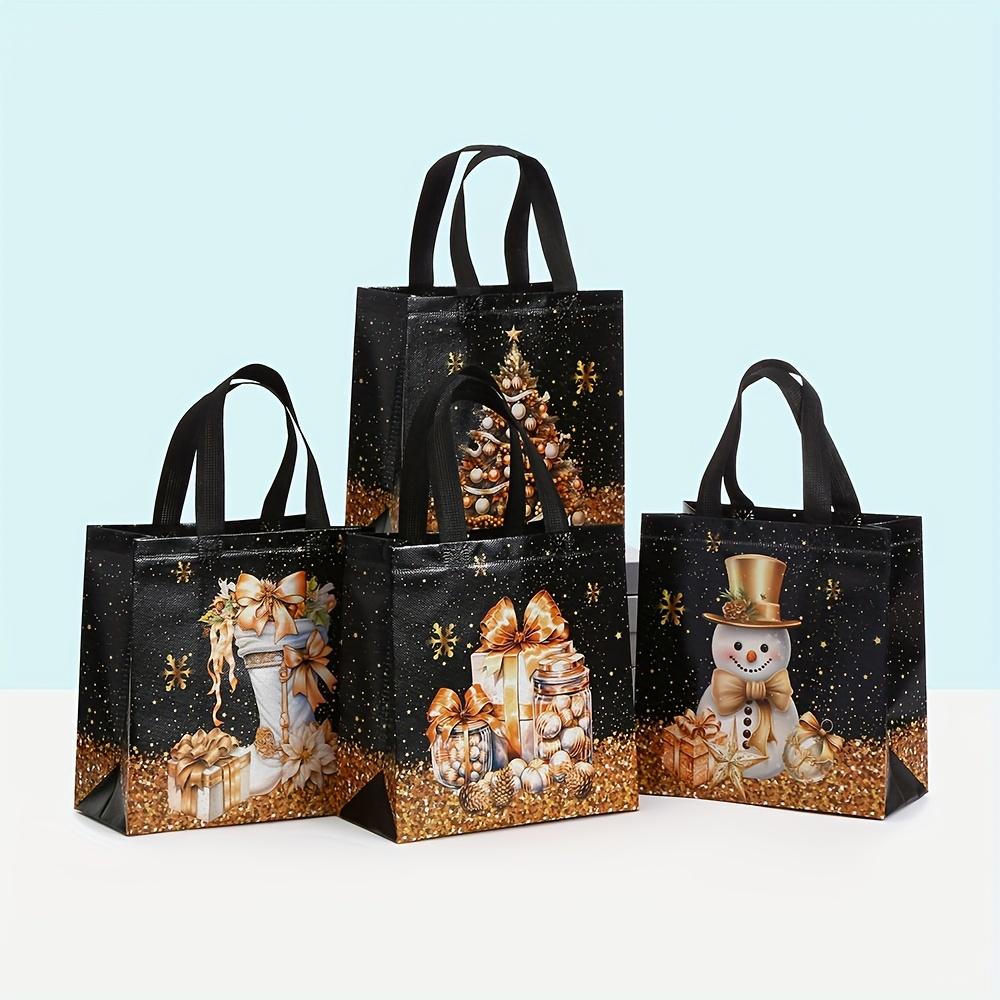 4/12pcs Festive Christmas Gift Bags with Snowman, Tree, Ornament Designs, Black Tote Bags for Shopping -Christmas Gift Bags