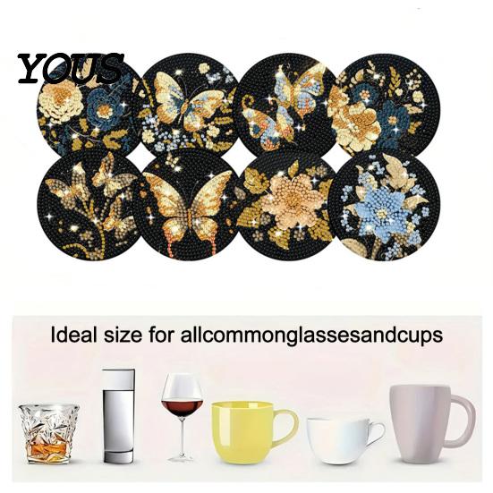 Faux Diamond Art Crafts Coasters Kit, 8 Christmas Round DIY Kit Craft Activities for Family with Holder, Wooden Heat Insulation Pads Drinks
