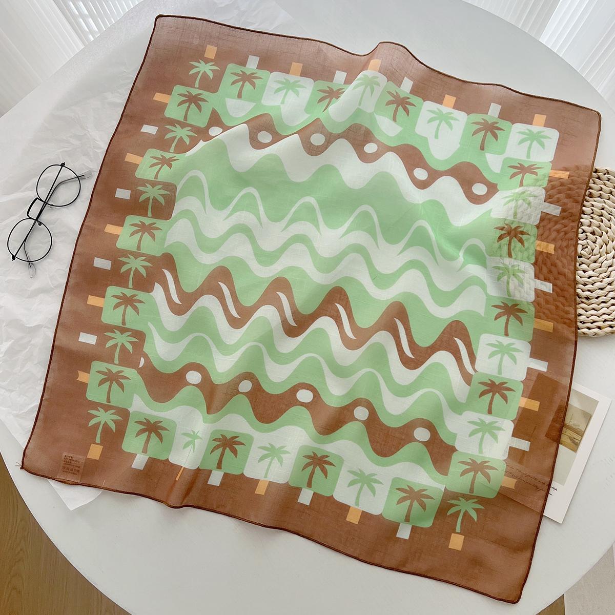 Summer Personalized Fashion Versatile Headscarf Wavy Coconut Tree Foreign Gas Cotton And Linen Square Scarf Women S Multi-Functional Silk Scarf 58-58cm