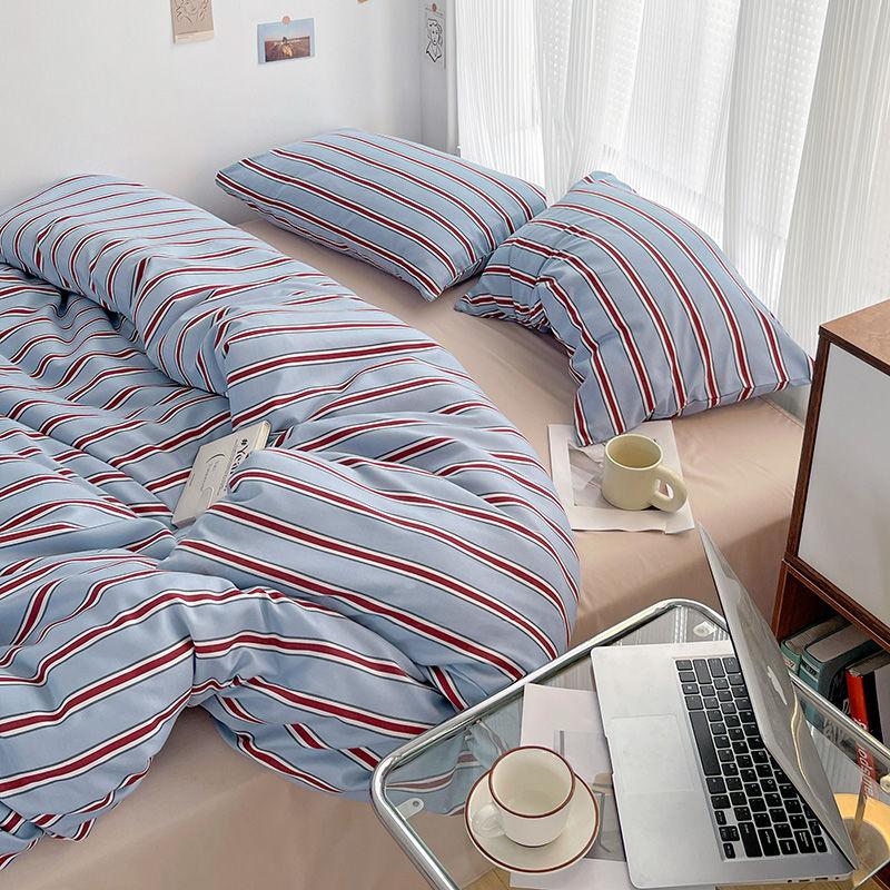 Simple Style Duvet Cover Red And Blue Stripe Bedding Set Flat Sheet Set 100% Washed Cotton Room Bedding for Kids Adult