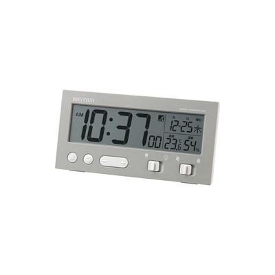 RHYTHM FitWave Wecker, Funkgesteuert, Elektronischer Tonalarm (mit Schlummerfunktion), Auto-On, Licht, Thermometer, Hygrometer, Kalender, Grau, 6,6 x 13.