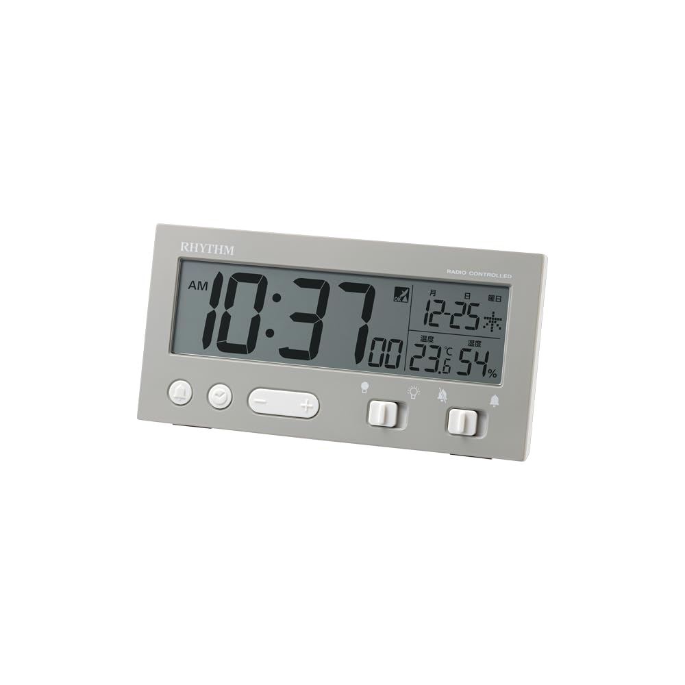 RHYTHM FitWave Alarm Clock, Radio-Controlled, Electronic Sound Alarm (with Snooze), Auto-On, Light, Thermometer, Hygrometer, Calendar, Gray, 6.6 x 13.