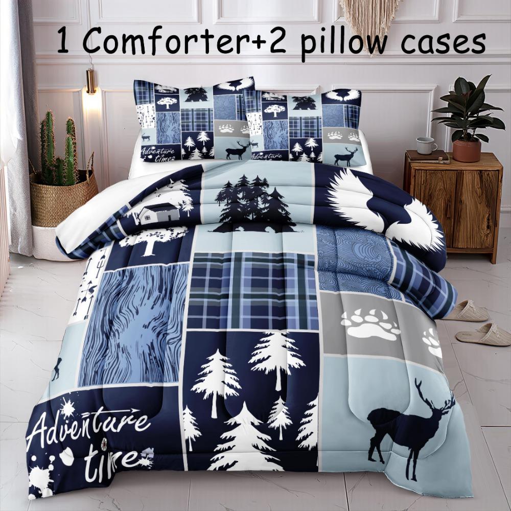 

3pc Blue Bedding Set Marry Christmas Tree Print Cozy Duvet Cover Set King Queen Single Size New Gift for Home Bedroom Decor EU Single 135x200cm