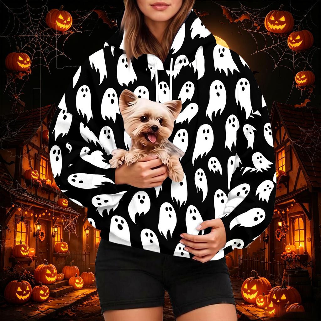 Women's Fashion Halloween Print Hoodie with Pet Pocket, Casual Pullover Sweatshirt for Fall