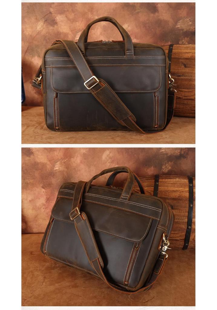 Genuine Leather Men's 17-inch Laptop Briefcase, Crossbody Cowhide Commuter Bag