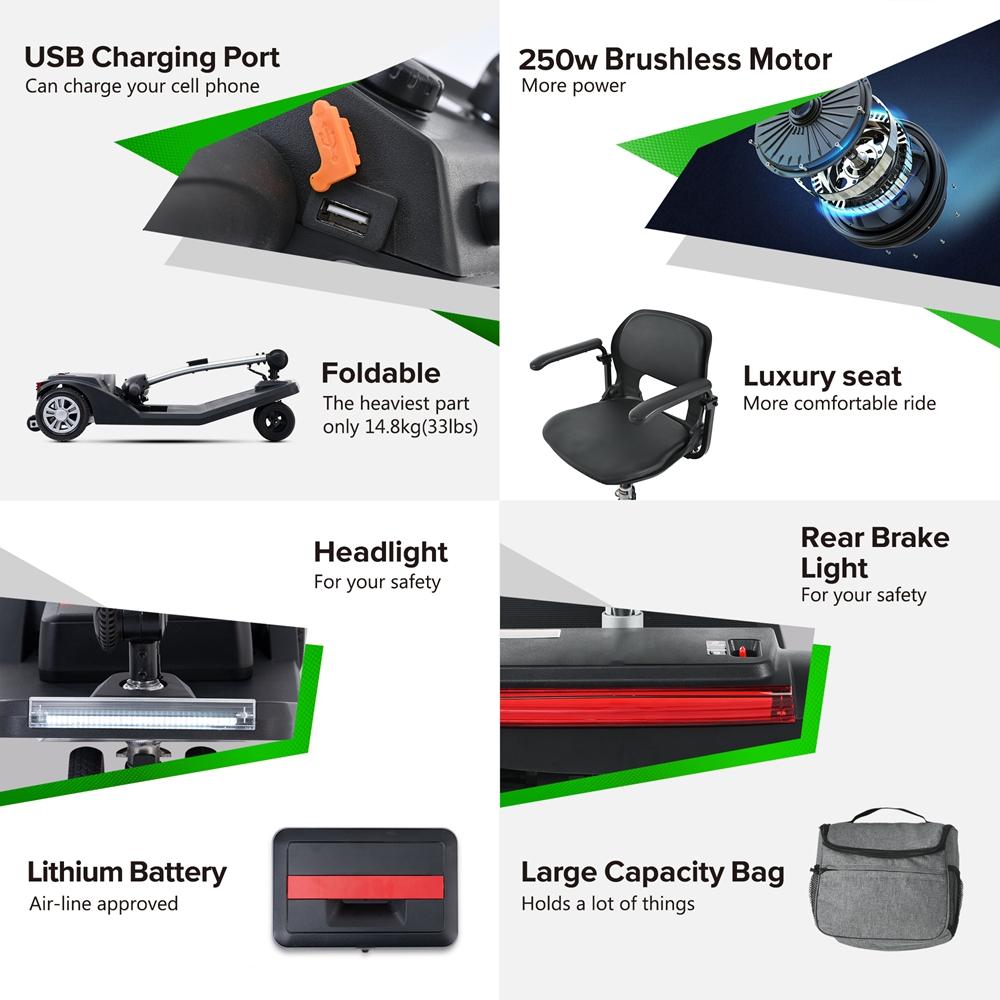 Elektrická mobilní koloběžka Sweetrich Air Classic pro seniory, motor 250W, baterie 12AH, maximální rychlost 6 km/h, dojezd 15 km.