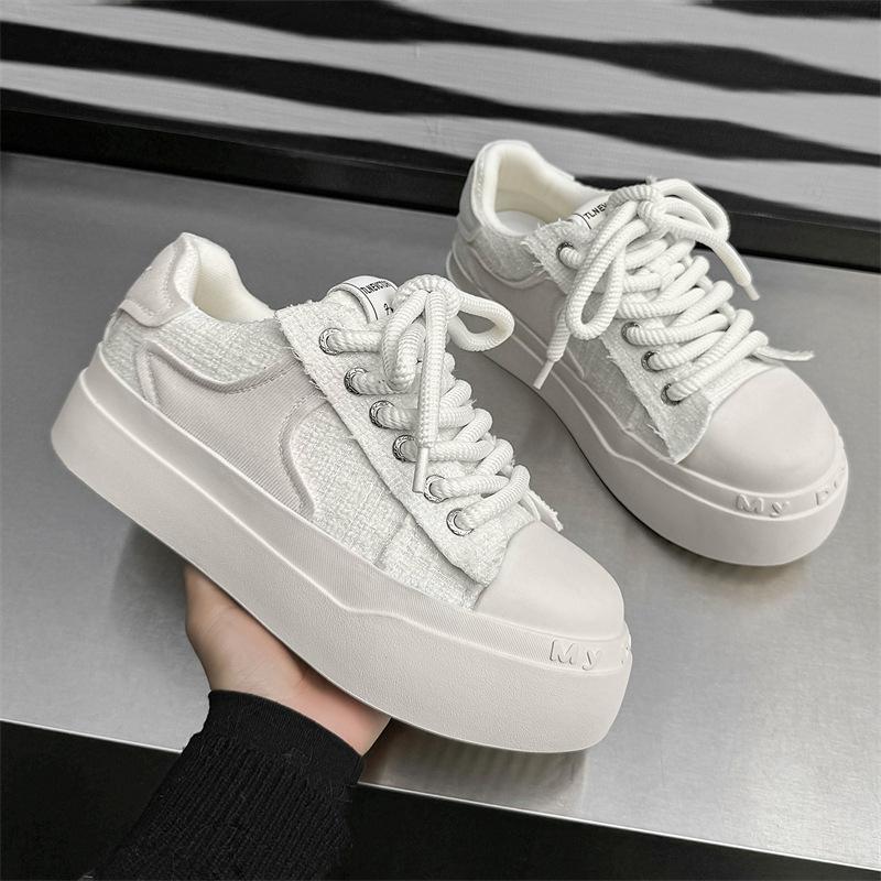 Spring black and white canvas shoes platform heightening casual big head shoes niche comfortable board shoes