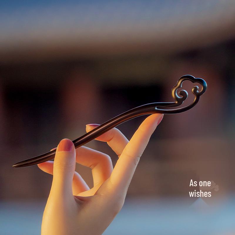 High-End Natural Ebony Wood Hairpin - Extended Chinese Ancient Style Black Hair Bun Accessory