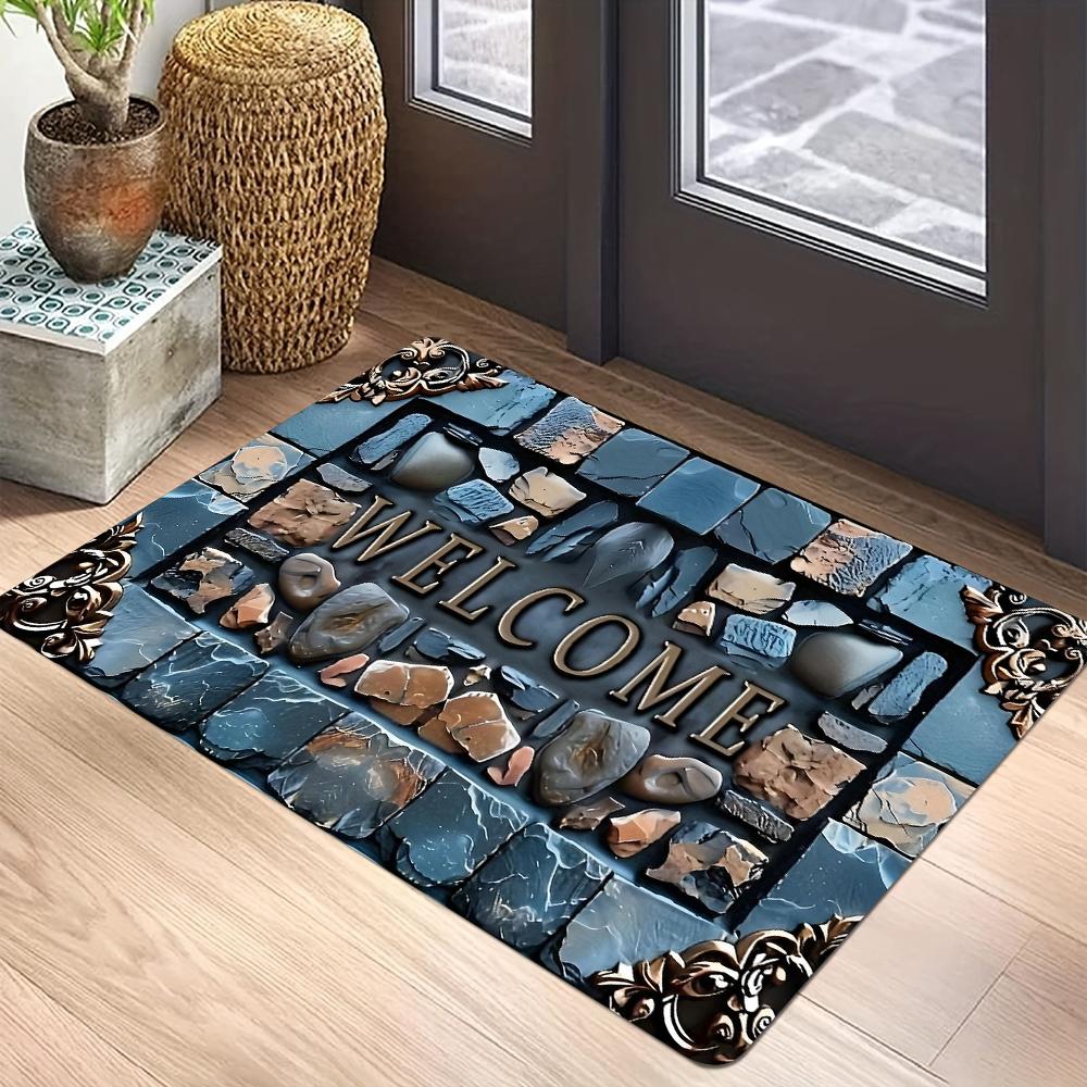 Non-Slip Washable Doormat Welcome Mat with Red Stone and Tile Pattern Rug for Home Garden and Living Spaces Machine Carpet