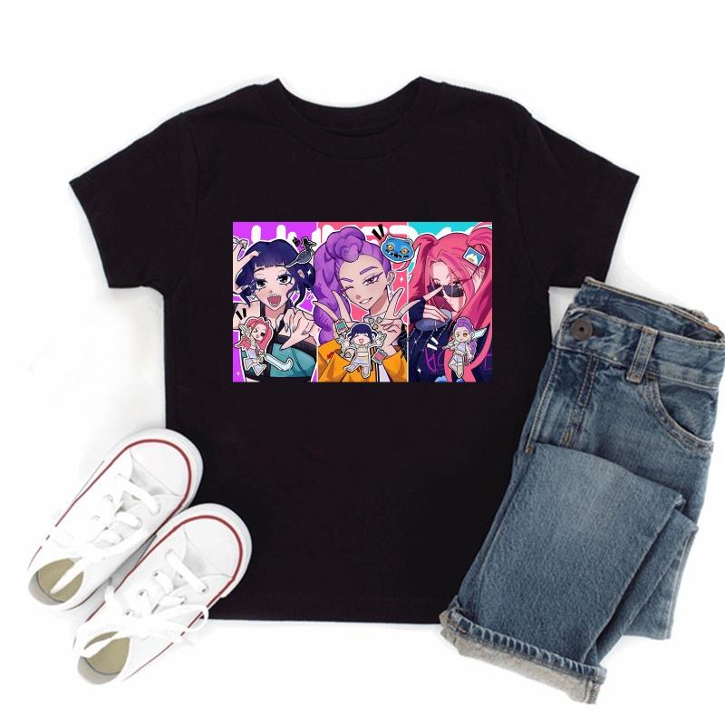 Hot Sale Kpop Demon Hunters Print Fashion Kids T-shirt Baby Boys Girls Clothes Summer Children Cotton Short Sleeve Black T shirt