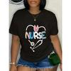 Women Plus Size Easter Nurse Appreciation T-Shirt Black Bunny Stethoscope Graphic Colorful NURSE Lettering Short Sleeve Round Neck Casual Top